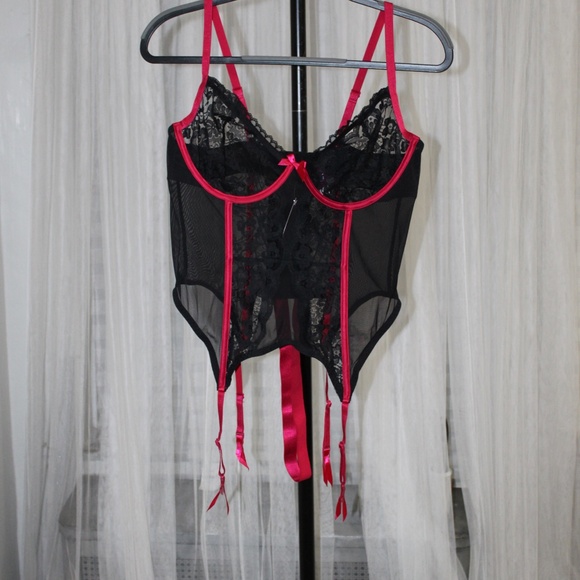 Adore Me. Black & Hot Pink Lace Bustier Corset with Garters.  Various Sizes - Picture 4 of 8